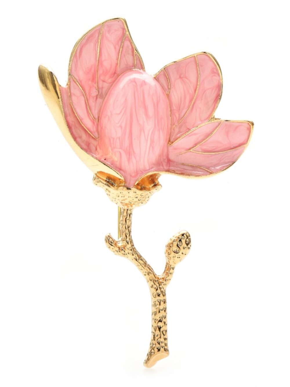 Gold Tone Pink Enamel Magnolia Flower Brooch 3.5 inches